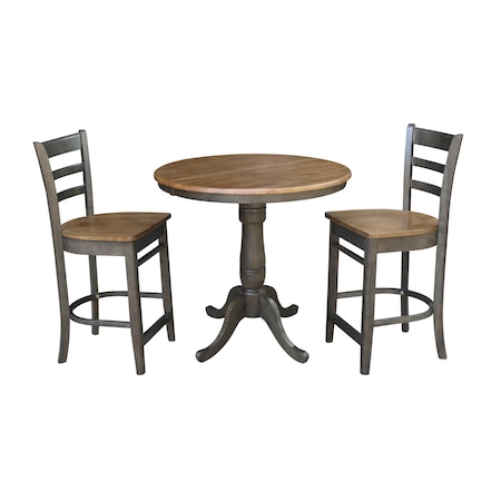 International Concepts Round 36 in Rd Extension Dining Table, 2 RTA Counter Ht Stools, Hickory/Coal, 36 W, 48 L, 35.3 in H K45-36RXT-6B-S6172-2